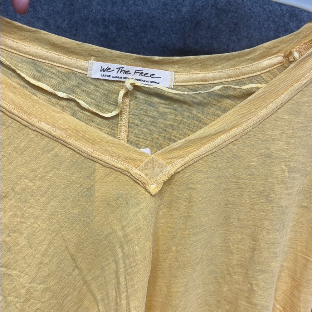 Free People Yellow Long Sleeve V-Neck raw hem open sides cotton blend shirt L - Picture 8 of 11